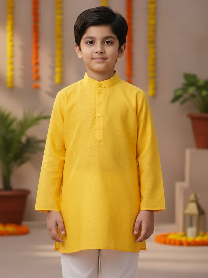 Yellow Solid Slab Cotton Boys Kurta - WeaversIndia