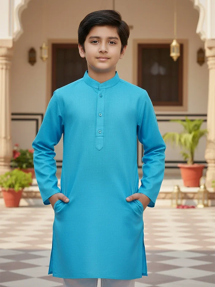 Sky Blue Solid Slab Cotton Boys Kurta - WeaversIndia