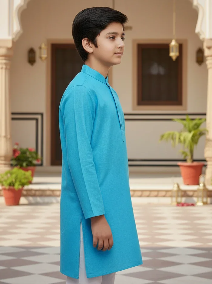 Sky Blue Solid Slab Cotton Boys Kurta - WeaversIndia