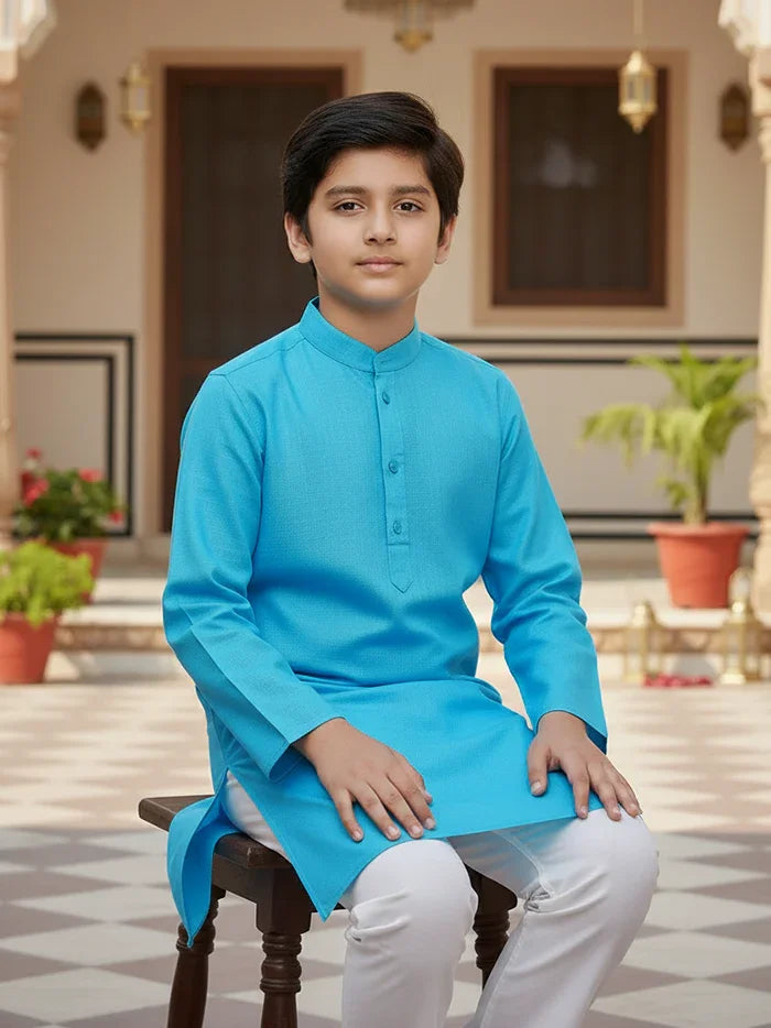 Sky Blue Solid Slab Cotton Boys Kurta - WeaversIndia