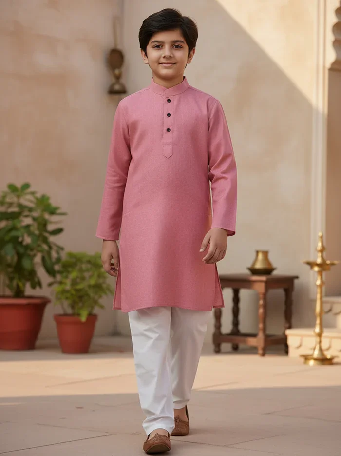 Pink Solid Handwoven Organic Cotton Boys Kurta - WeaversIndia