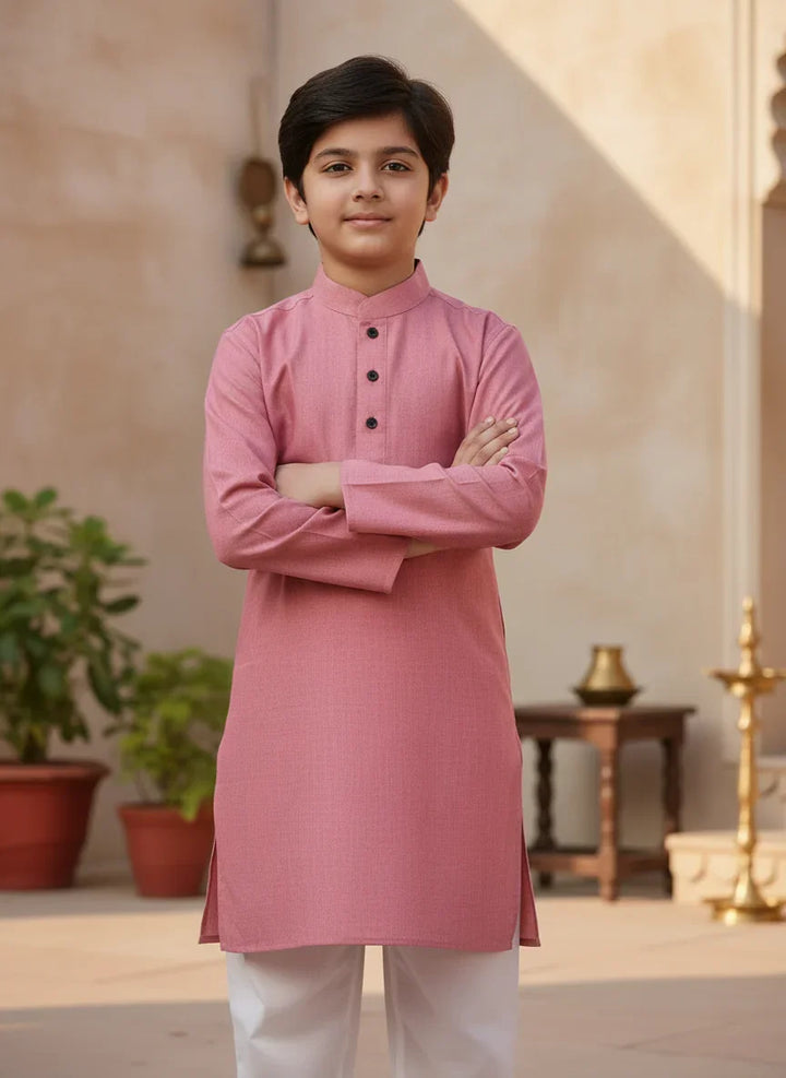 Pink Solid Handwoven Organic Cotton Boys Kurta - WeaversIndia