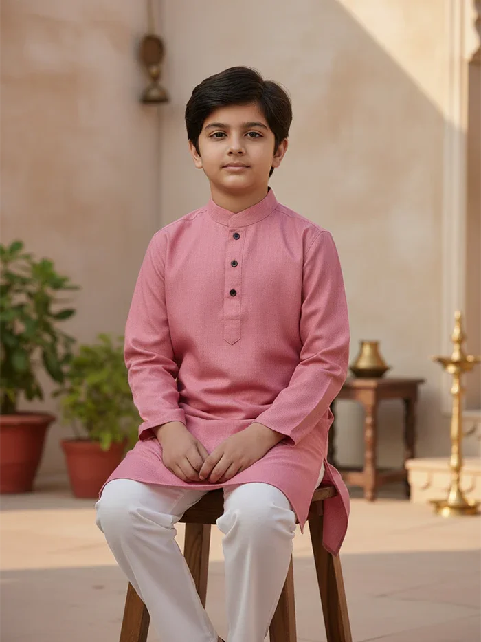 Pink Solid Handwoven Organic Cotton Boys Kurta - WeaversIndia