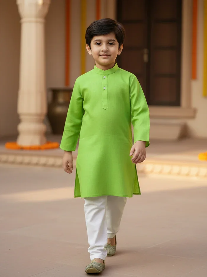 Parrot Green Solid Slab Cotton Boys Kurta - WeaversIndia