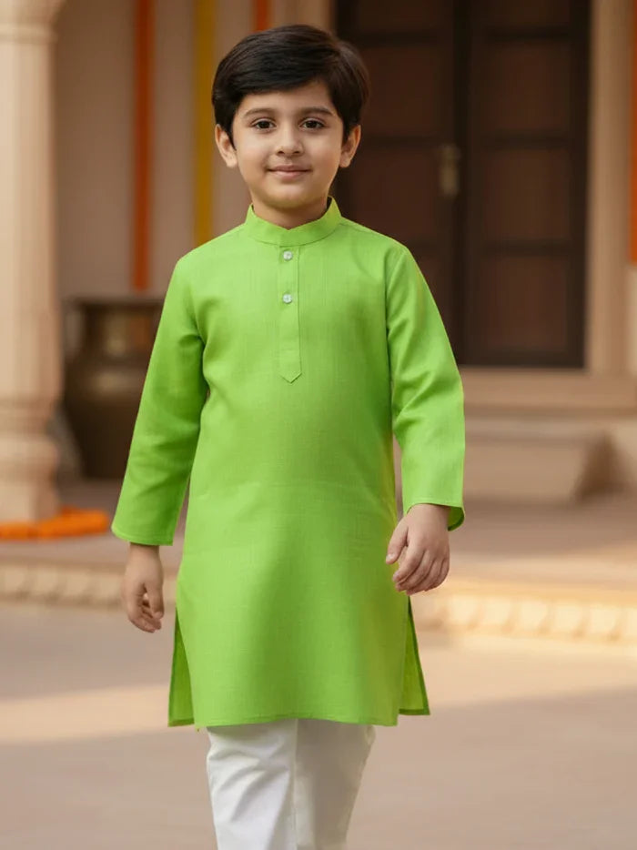 Parrot Green Solid Slab Cotton Boys Kurta - WeaversIndia