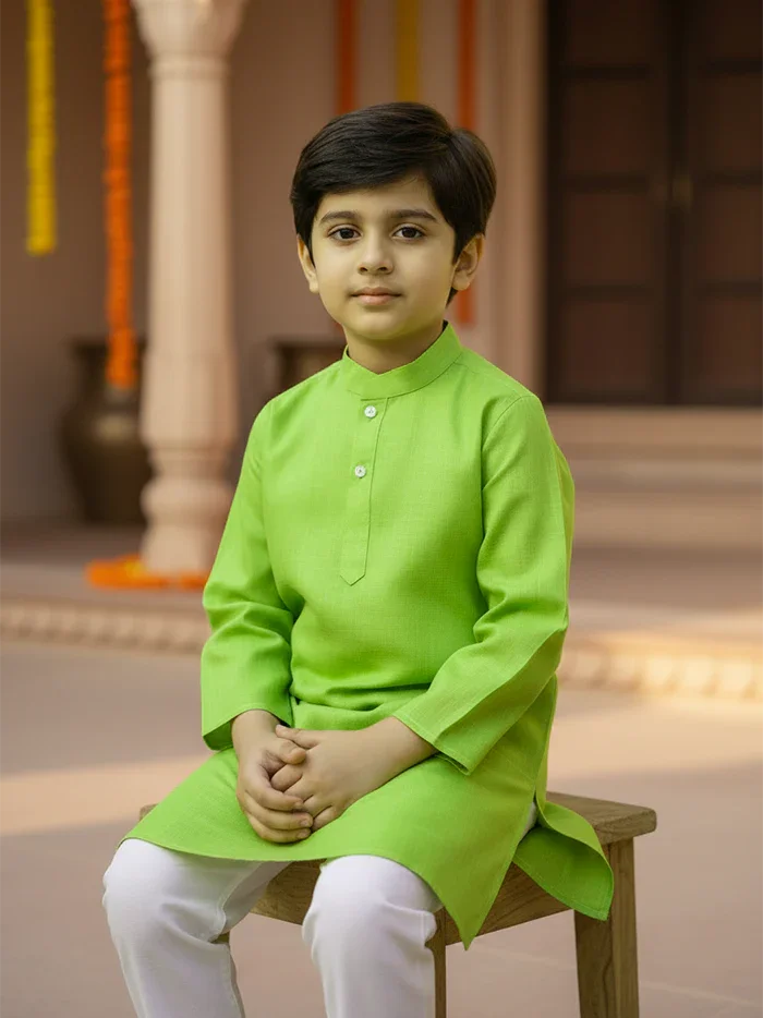 Parrot Green Solid Slab Cotton Boys Kurta - WeaversIndia