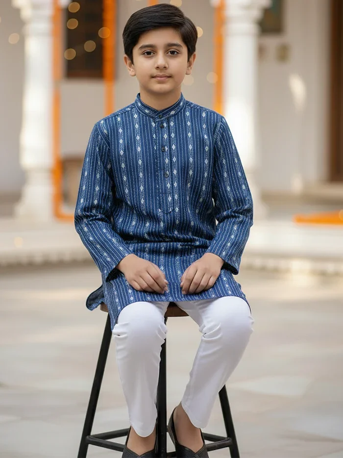 Berkeley Blue Cotton Boys Kurta - WeaversIndia
