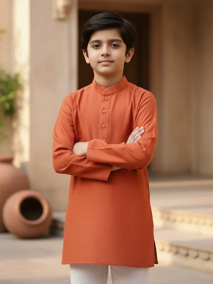 Burnt orange Solid Organic Cotton Boys Kurta - WeaversIndia