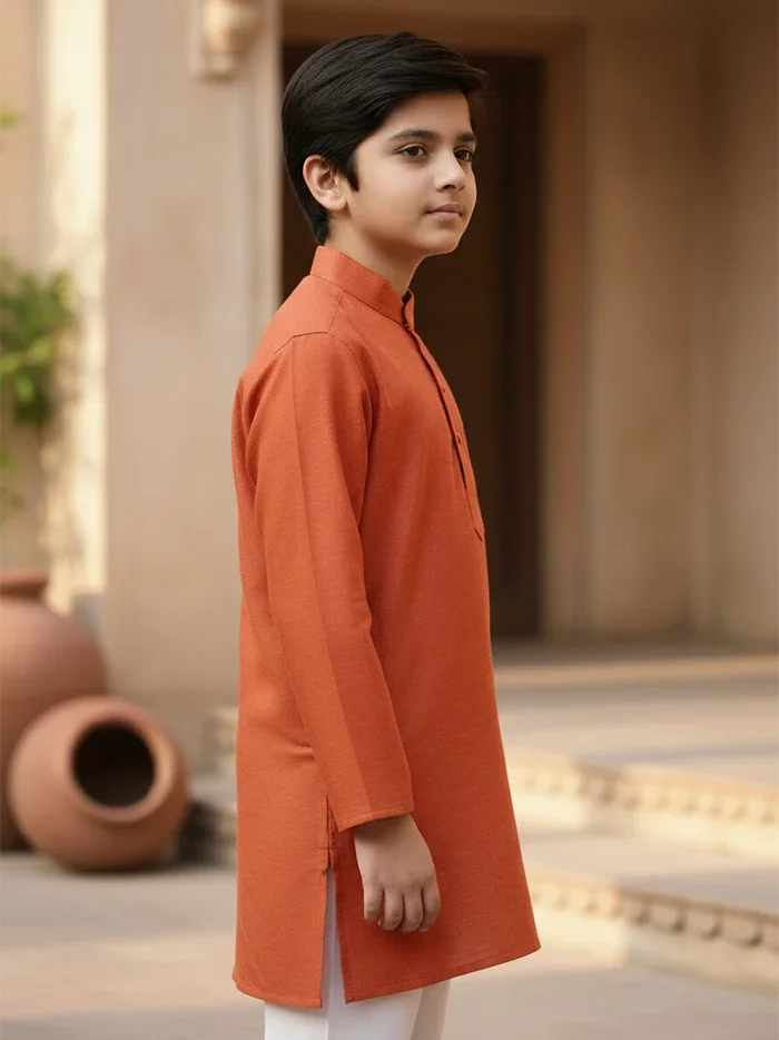 Burnt orange Solid Organic Cotton Boys Kurta - WeaversIndia