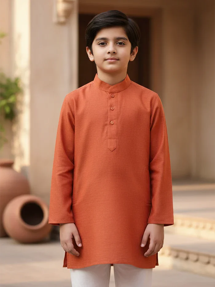Burnt orange Solid Organic Cotton Boys Kurta - WeaversIndia