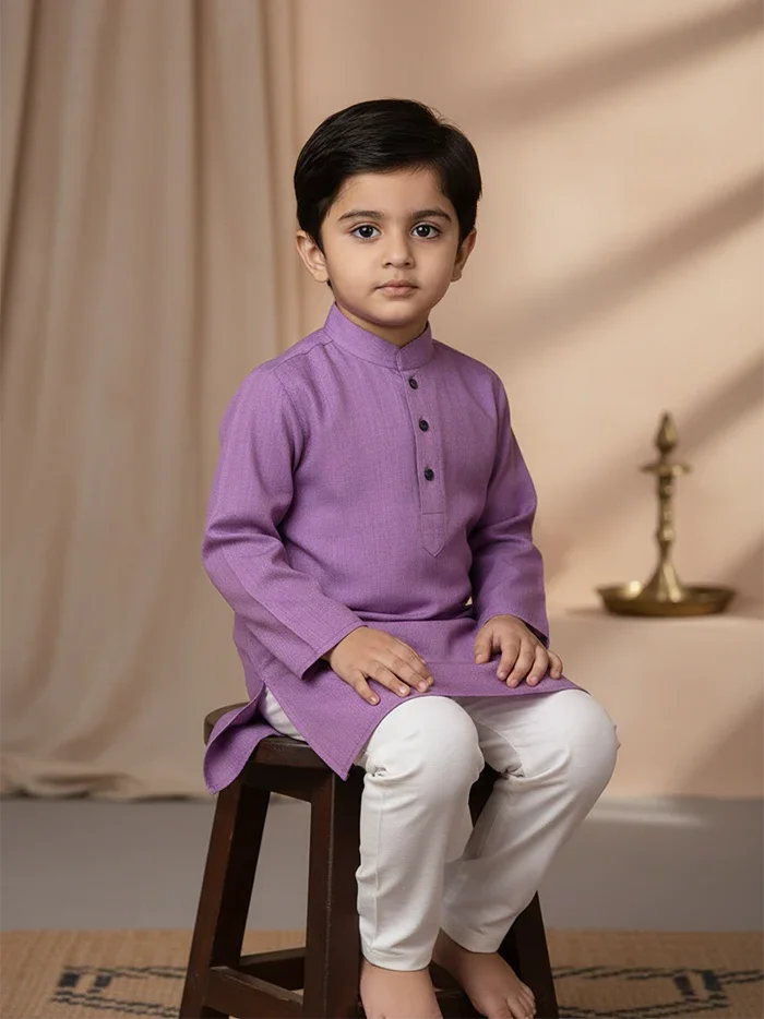 Pink Blue Duel Tone Handwoven Organic Cotton Boys Kurta - WeaversIndia