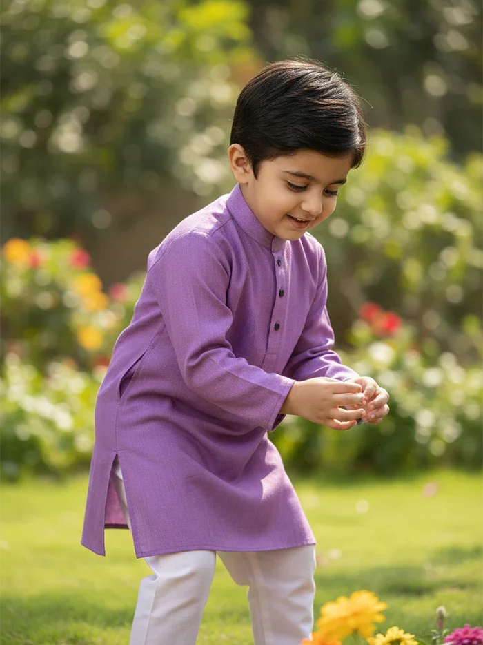Pink Blue Duel Tone Handwoven Organic Cotton Boys Kurta - WeaversIndia