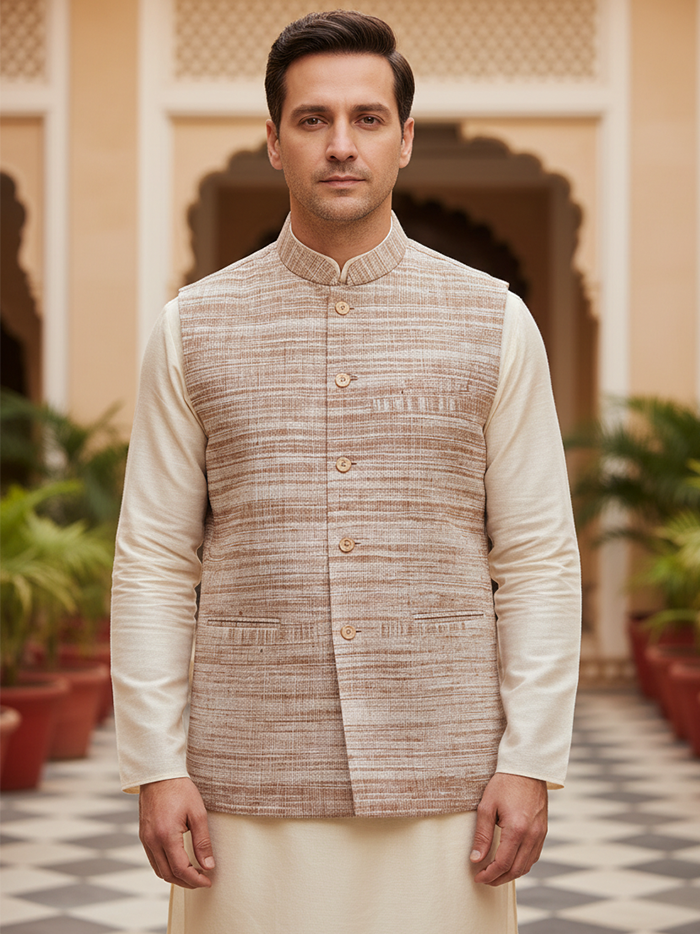 Brown Handwoven Organic Cotton Khaddar Modi Jacket