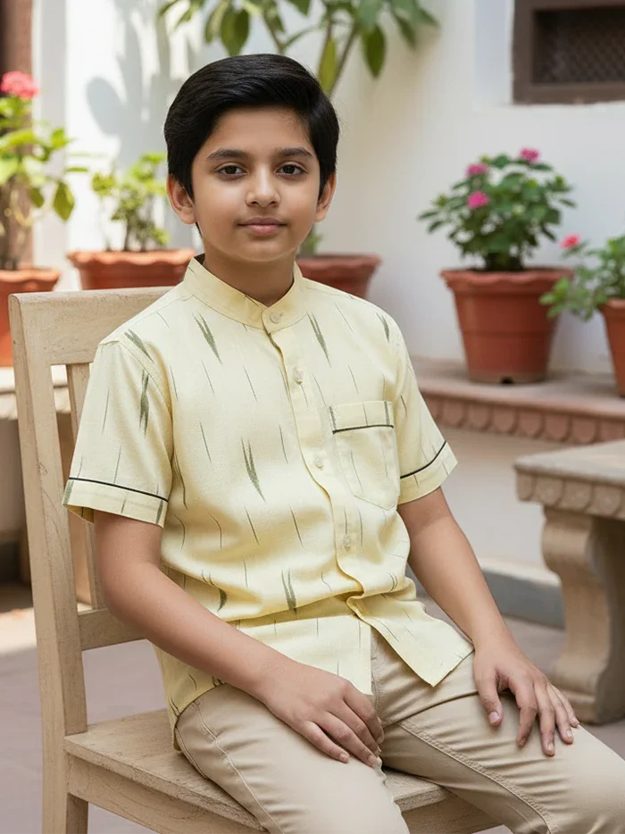 Handwoven Cotton Light Yellow Boys Shirt - WeaversIndia