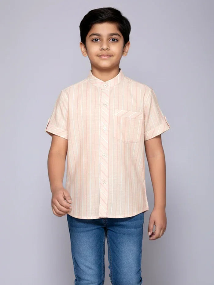 Pink striped Handwoven Organic Cotton Boys Shirt - WeaversIndia