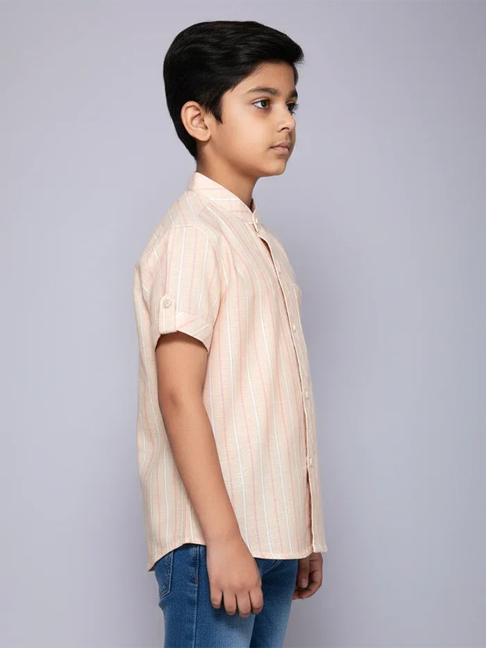 Pink striped Handwoven Organic Cotton Boys Shirt - WeaversIndia