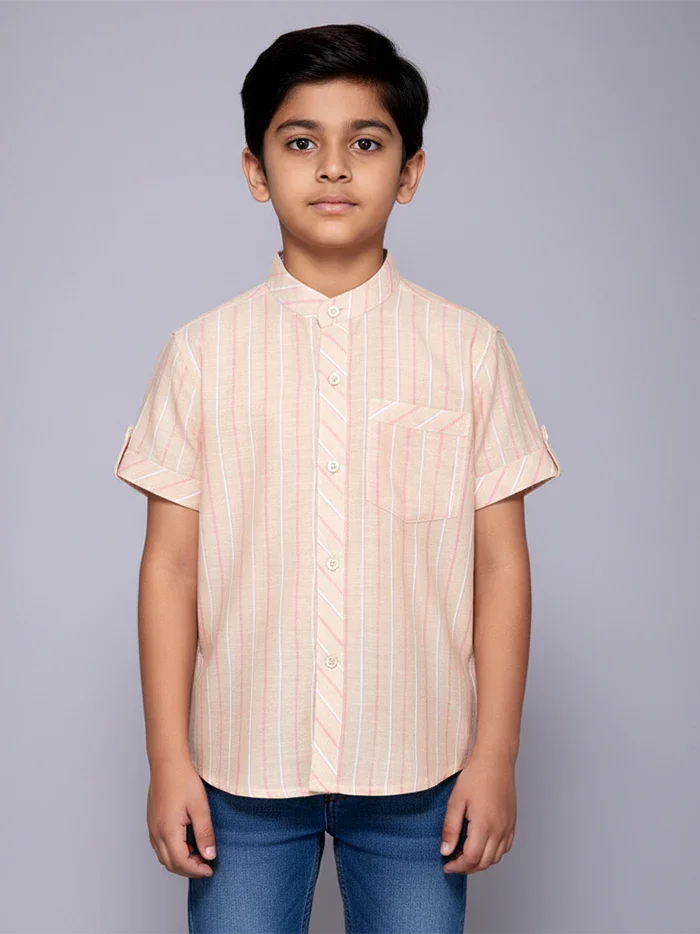 Pink striped Handwoven Organic Cotton Boys Shirt - WeaversIndia