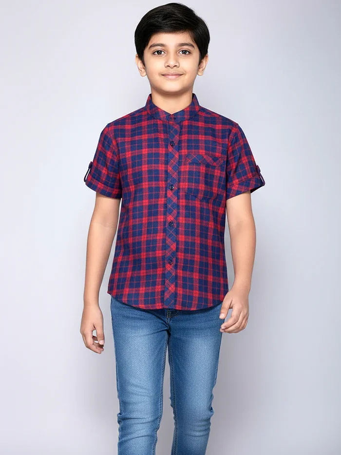 Red Checks Handwoven Organic Cotton Boys Shirt - WeaversIndia