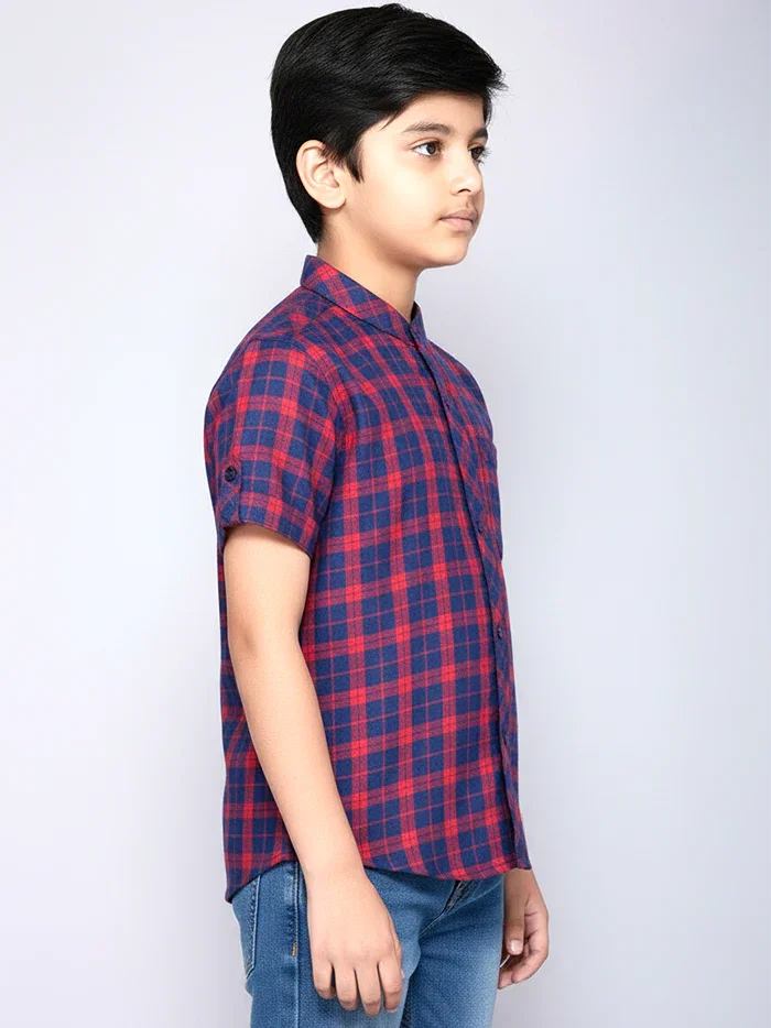 Red Checks Handwoven Organic Cotton Boys Shirt - WeaversIndia