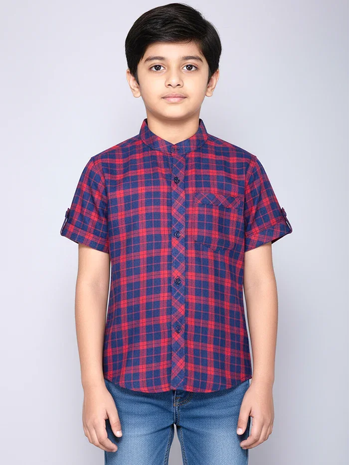 Red Checks Handwoven Organic Cotton Boys Shirt - WeaversIndia