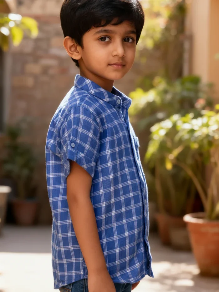 Blue Checks Handwoven Organic Cotton Boys Shirt - WeaversIndia