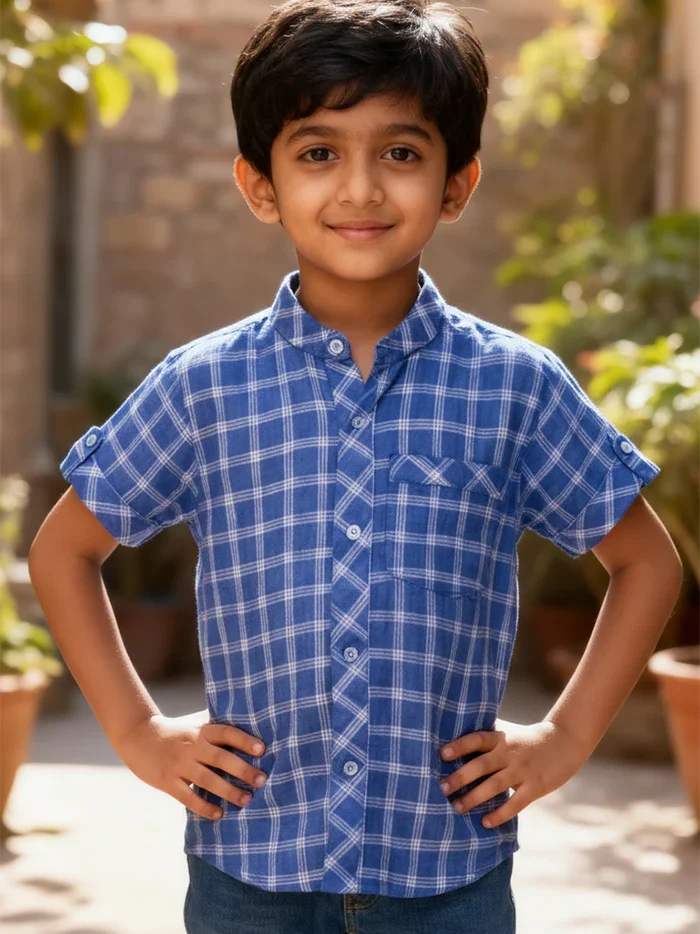 Blue Checks Handwoven Organic Cotton Boys Shirt - WeaversIndia