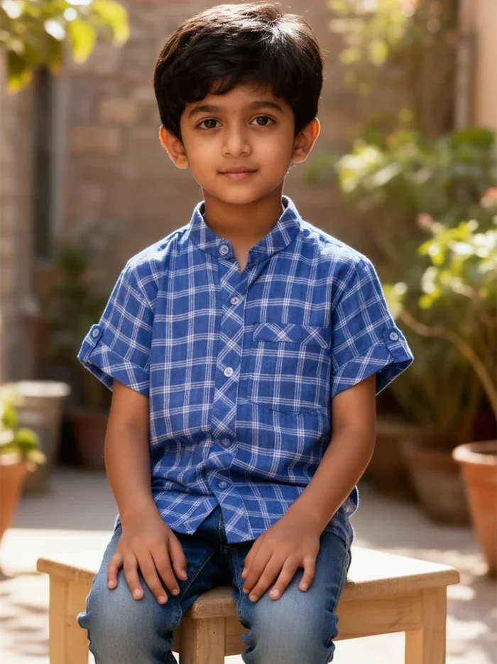 Blue Checks Handwoven Organic Cotton Boys Shirt - WeaversIndia