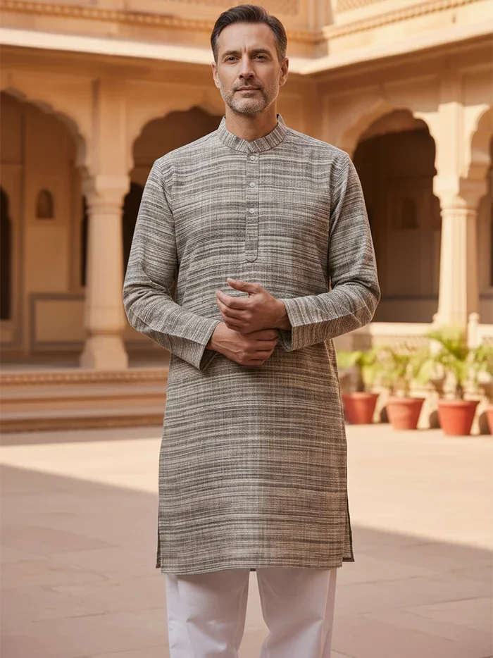 Handwoven Organic Cotton Khaddar Men Kurta - WeaversIndia