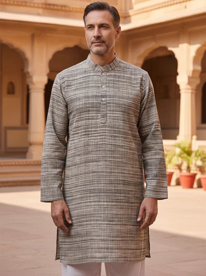 Handwoven Organic Cotton Khaddar Men Kurta - WeaversIndia