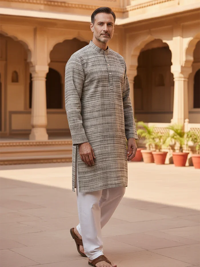 Handwoven Organic Cotton Khaddar Men Kurta - WeaversIndia