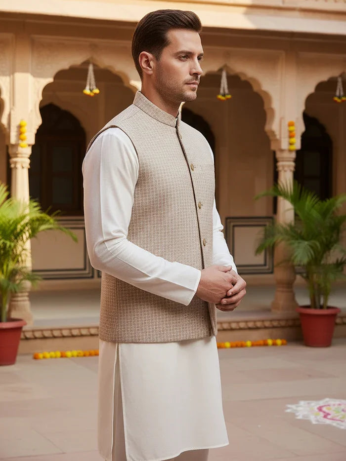 Almond Printed Poly Cotton Modi Jacket - WeaversIndia
