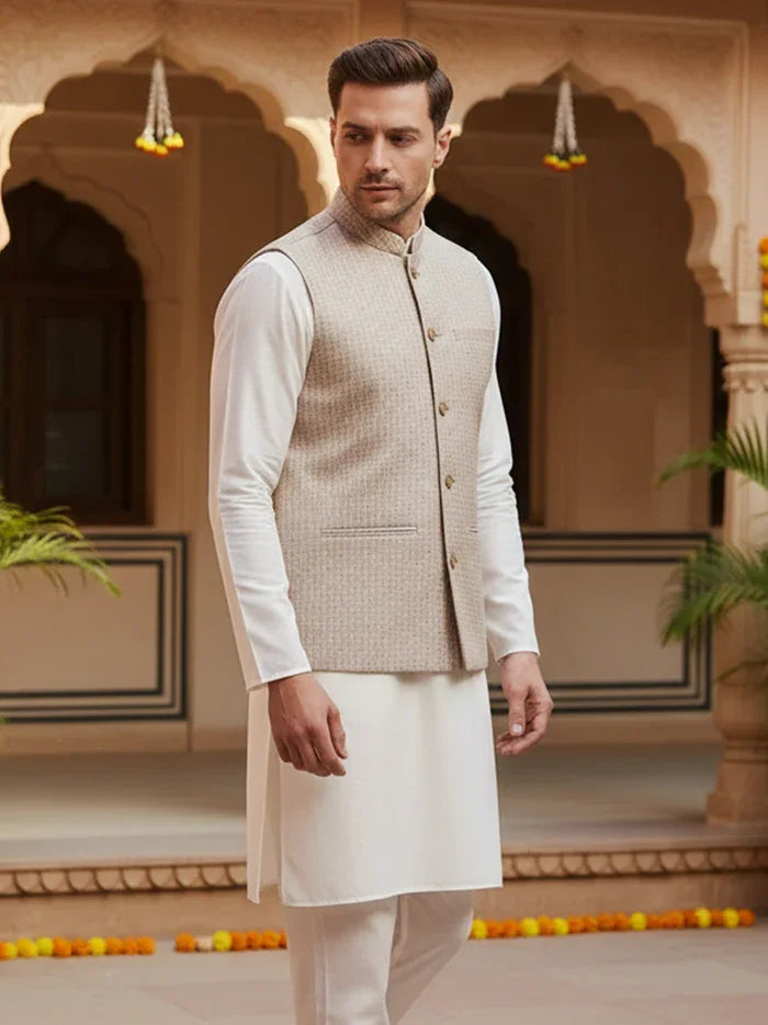 Almond Printed Poly Cotton Modi Jacket - WeaversIndia