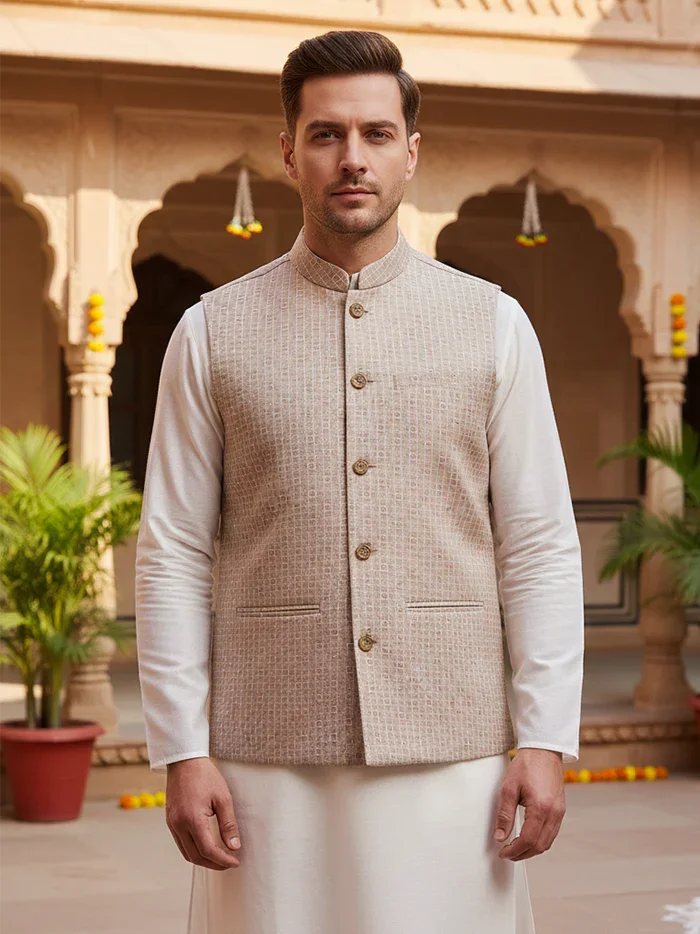 Almond Printed Poly Cotton Modi Jacket - WeaversIndia