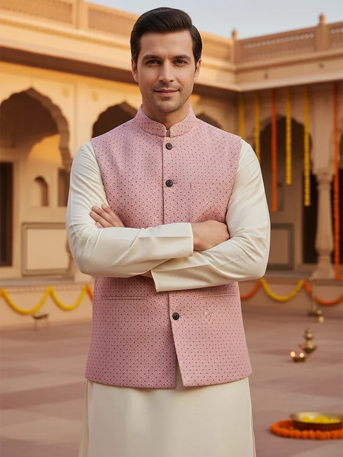 Pink Printed Poly Cotton Modi Jacket - WeaversIndia