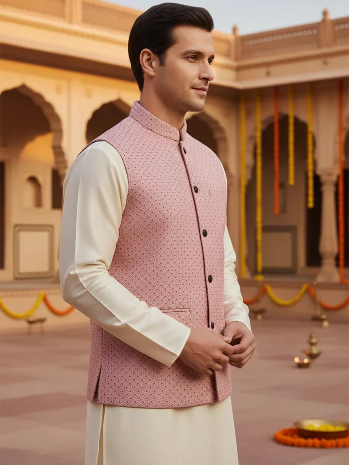 Pink Printed Poly Cotton Modi Jacket - WeaversIndia