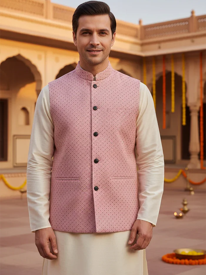 Pink Printed Poly Cotton Modi Jacket - WeaversIndia