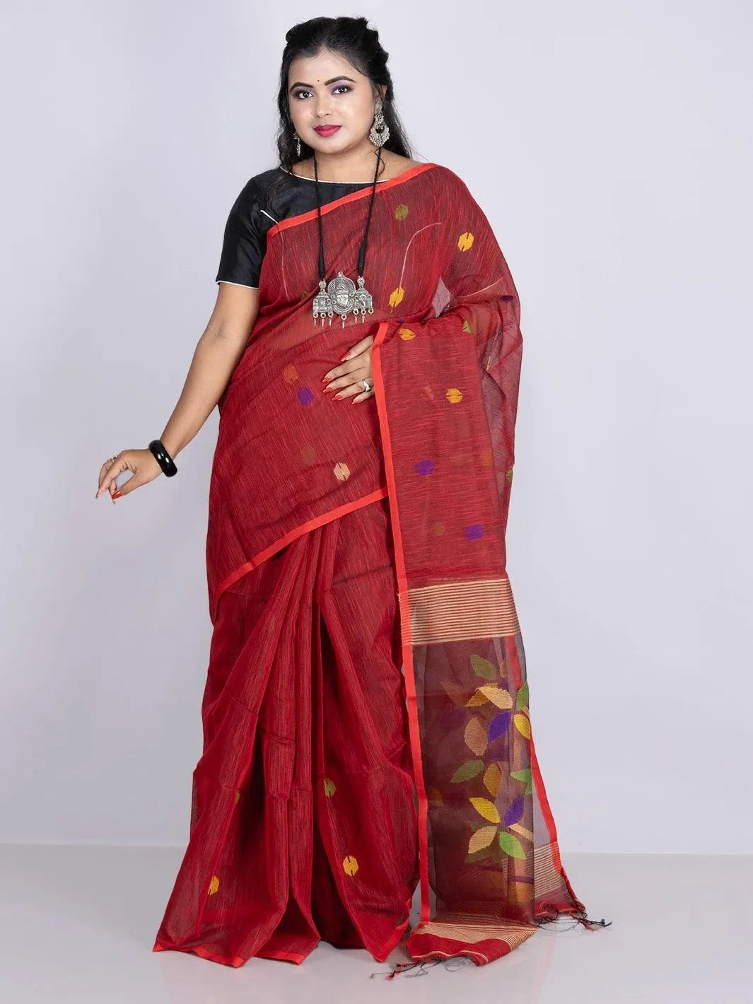 Elegant Maroon Allover Blend Cotton Handloom Saree