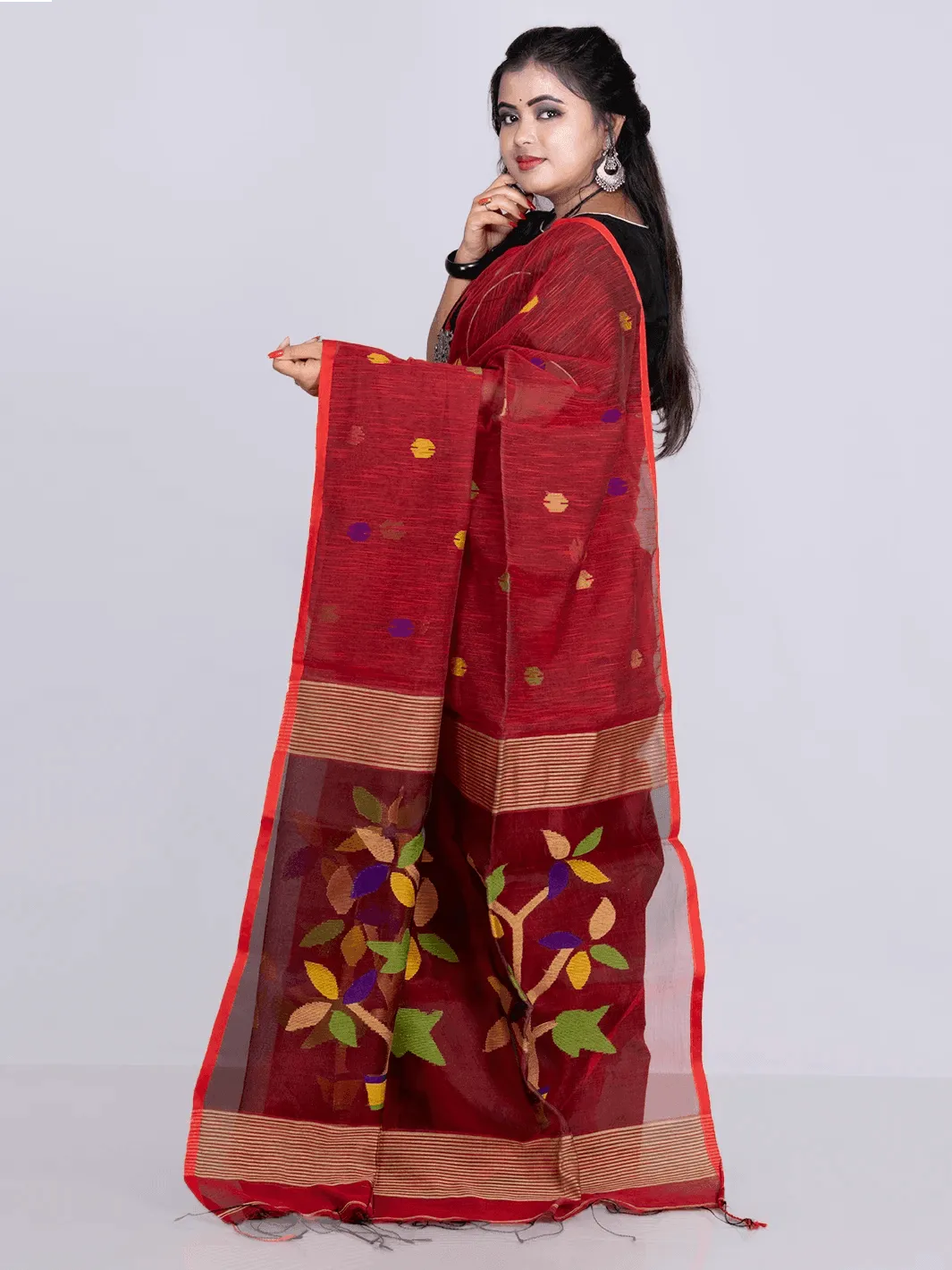 Elegant Maroon Allover Blend Cotton Handloom Saree