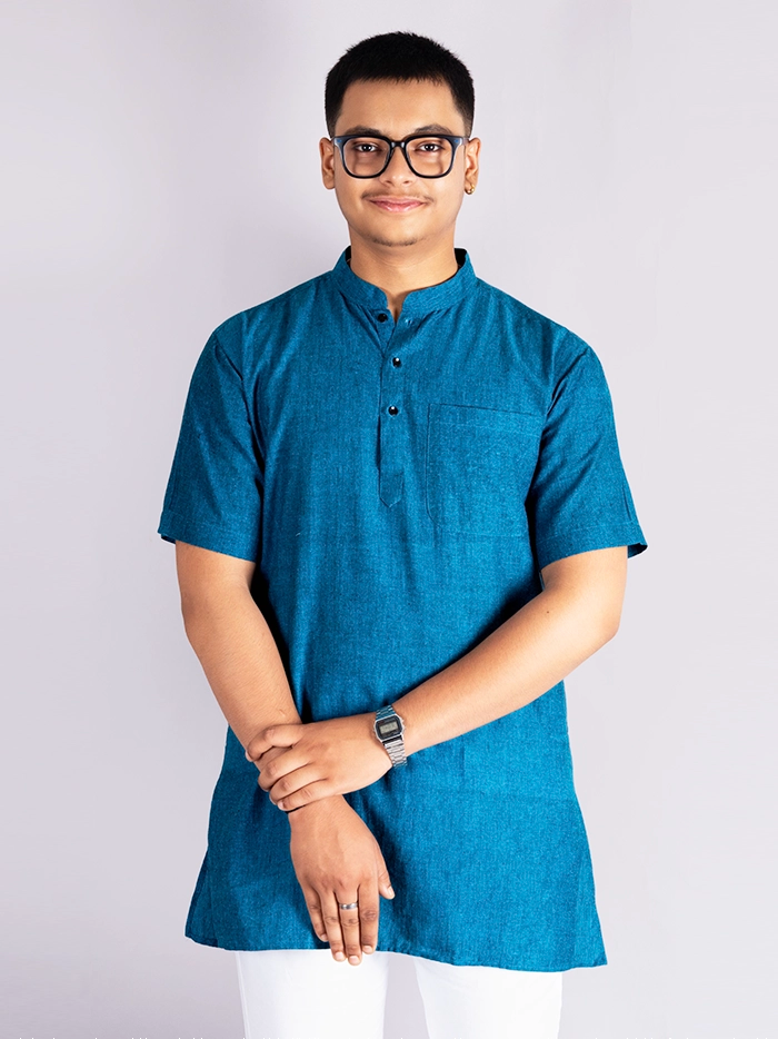 Black Blue Duel Tone Organic Cotton Half Sleeves Men Kurta