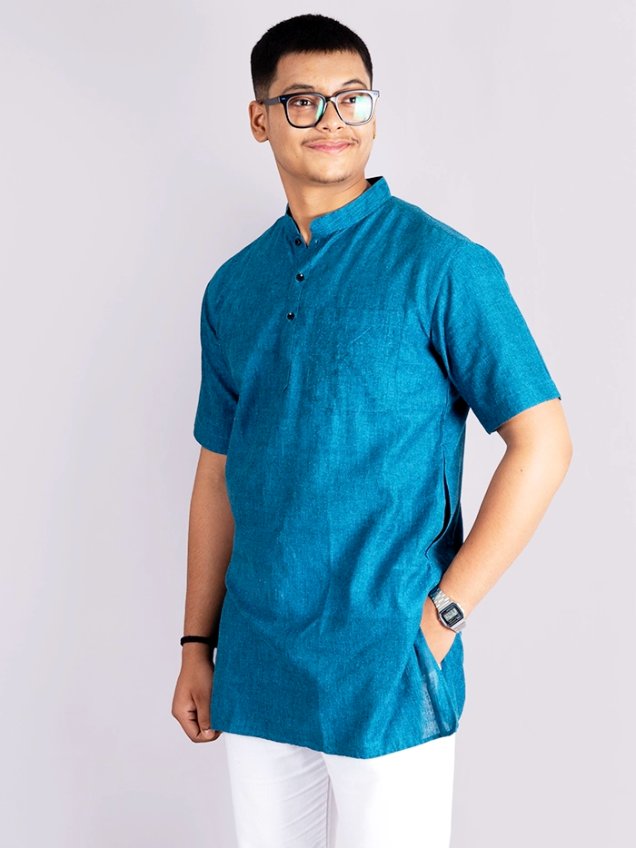 Black Blue Duel Tone Organic Cotton Half Sleeves Men Kurta