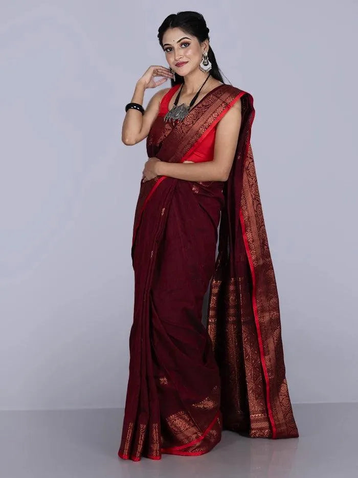 Elegant Maroon Par Anchal Buti Blend Cotton Handloom Saree