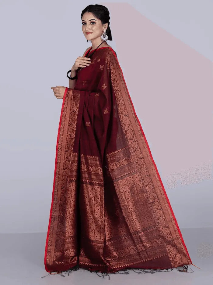 Elegant Maroon Par Anchal Buti Blend Cotton Handloom Saree