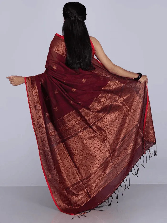 Elegant Maroon Par Anchal Buti Blend Cotton Handloom Saree
