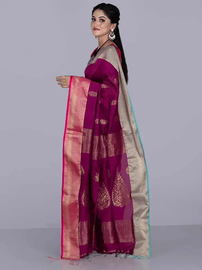 Elegant Purple Par Anchal Buti Blend Cotton Handloom Saree