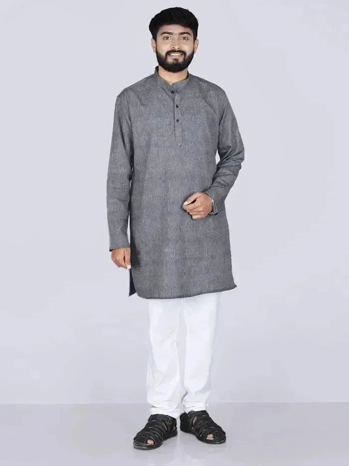 Black Handwoven Organic Cotton Men Kurta - WeaversIndia