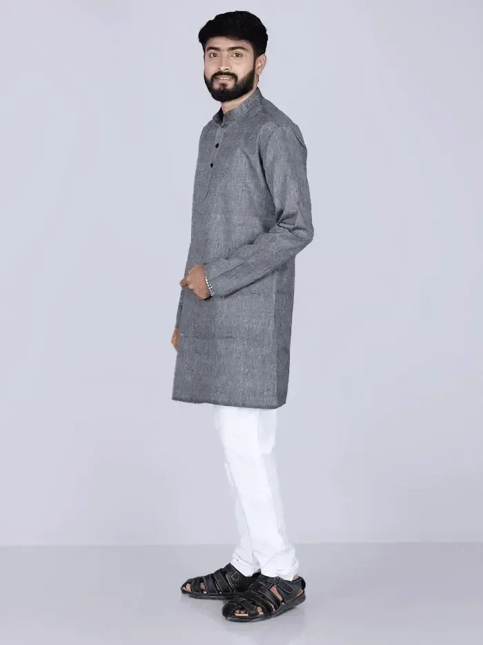 Black Handwoven Organic Cotton Men Kurta - WeaversIndia