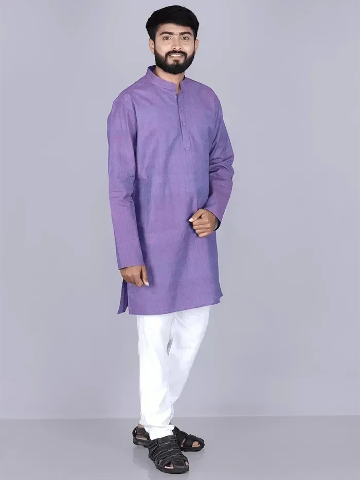 Blue Red Duel Tone Organic Cotton Full Sleeves Men Kurta - WeaversIndia