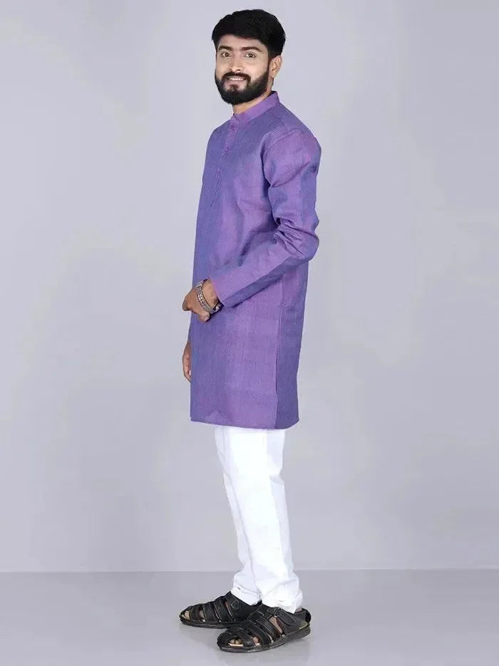 Blue Red Duel Tone Organic Cotton Full Sleeves Men Kurta - WeaversIndia