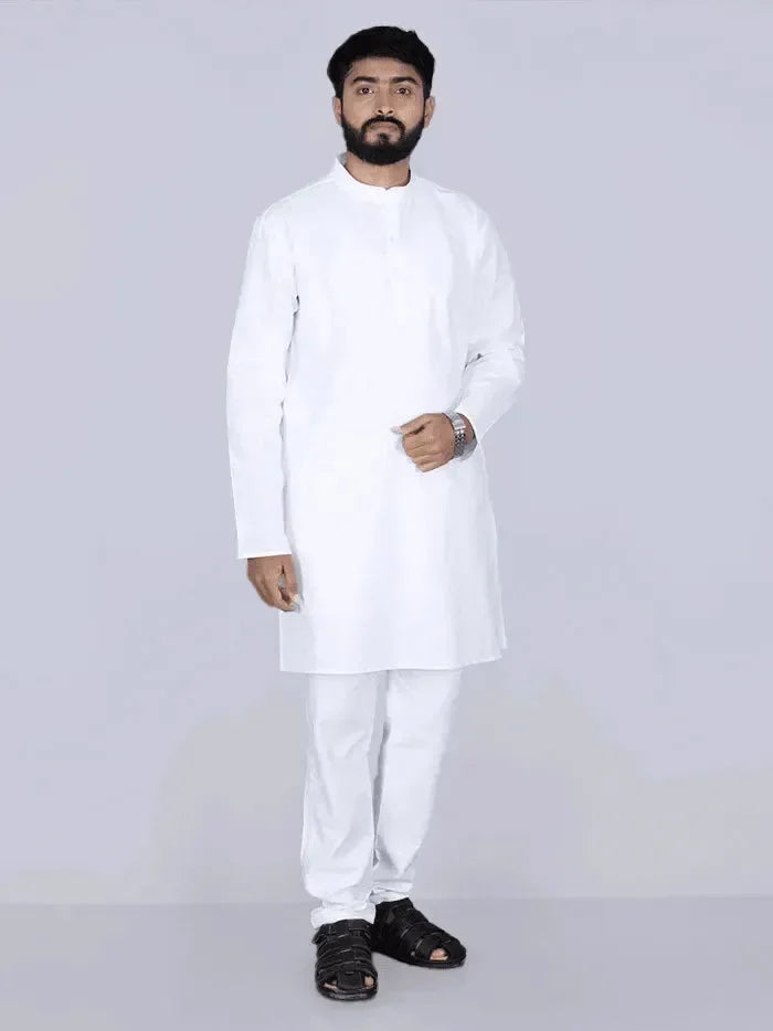 White Solid Handwoven Organic Cotton Men Kurta - WeaversIndia