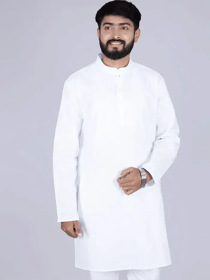 White Solid Handwoven Organic Cotton Men Kurta - WeaversIndia